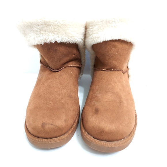 Boots Size 8 1/3 M SO Suede Ankle Boot Womens Winter Brown Faux Fur Lined Flats - Picture 1 of 5